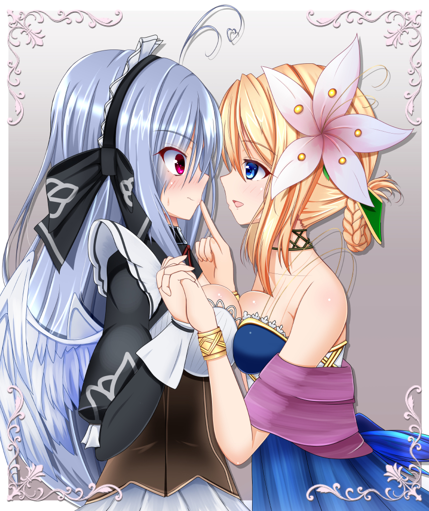 aneten, le fay lore, mitama kyrie, emil chronicle online, antenna hair, asymmetrical docking, bare shoulders, black dress, black hairband, black ribbon, blonde hair, blue dress, blue eyes, blush, braid, breast press, breasts, brown corset, cleavage cutout, clothing cutout, corset, dress, finger to mouth, flower, grey background, hair flower, hair ornament, hair ribbon, hairband, holding hands, large breasts, maid, maid headdress, open mouth, own hands clasped, own hands together, ribbon, white dress, white hair, white wings, wings, yuri