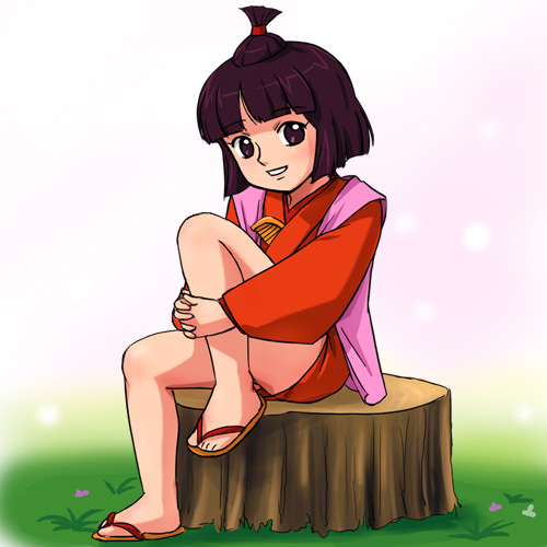 haruyama kazunori, sayo (ikkyuusan), sayochan, ikkyuusan, lowres, 1970s (style), 1girl, bare legs, feet, female focus, full body, japanese clothes, legs, no panties, oldschool, own hands together, retro artstyle, sandals, sitting, solo, toes, topknot, tree stump