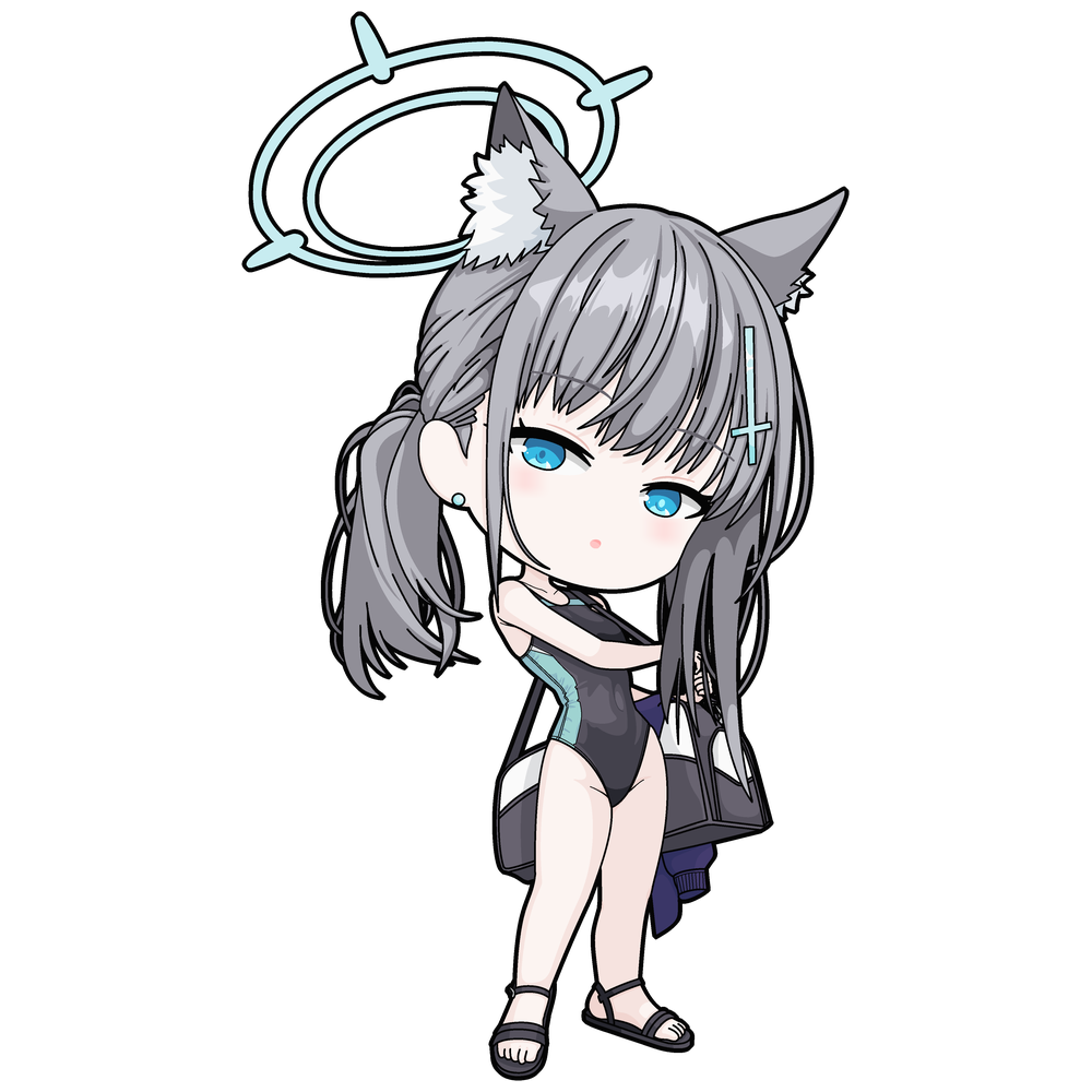 one-take, shiroko (blue archive), shiroko (swimsuit) (blue archive), blue archive, 1girl, animal ear fluff, animal ears, black one-piece swimsuit, blue eyes, blue halo, chibi, cross, cross hair ornament, earrings, extra ears, green one-piece swimsuit, grey hair, hair ornament, halo, highleg, highleg one-piece swimsuit, inverted cross, jewelry, looking at viewer, medium hair, mismatched pupils, multicolored swimsuit, official alternate costume, one-piece swimsuit, solo, stud earrings, swimsuit, two-tone swimsuit, wolf ears