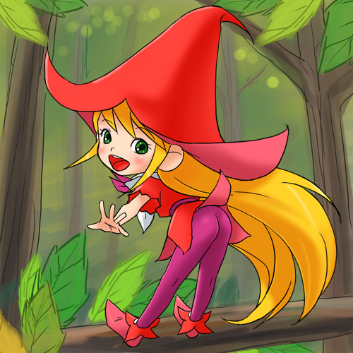 haruyama kazunori, lillibit, belfy and lillibit, lowres, 1girl, :d, ass, bent over, blush, female focus, full body, green eyes, hat, leggings, long hair, long sleeves, looking at viewer, open mouth, plant, retro artstyle, shoes, smile, solo, standing, tree, very long hair, witch hat
