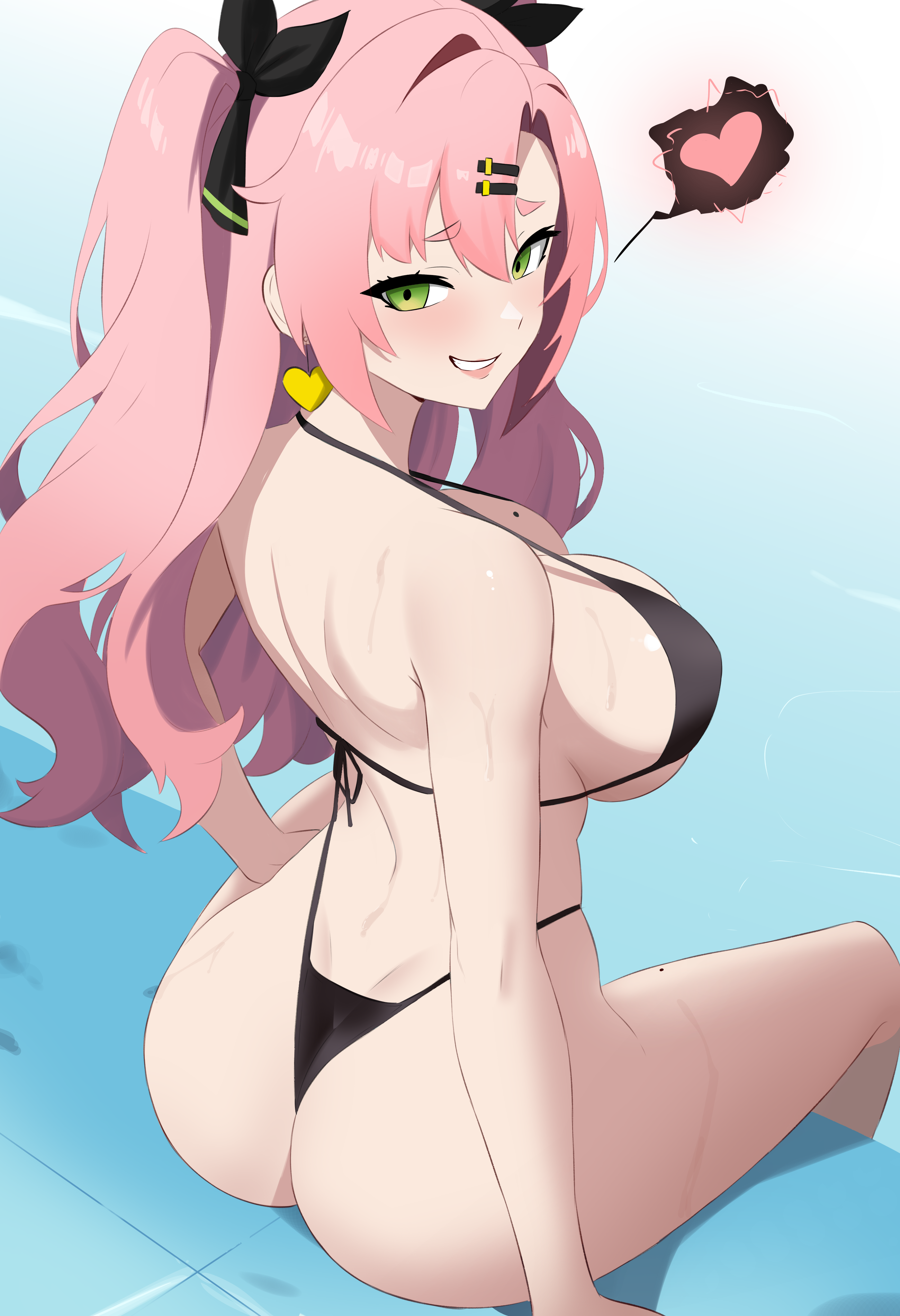 lorddantesito, nicole demara, zenless zone zero, absurdres, commentary, english commentary, highres, 1girl, arched back, arm at side, ass, bare arms, bare legs, bare shoulders, bikini, black bikini, black ribbon, blush, breasts, earrings, feet out of frame, from behind, green eyes, grin, hair between eyes, hair ornament, hair ribbon, hairclip, halterneck, hand on own thigh, heart, heart earrings, highleg, highleg bikini, jewelry, large breasts, long hair, looking at viewer, looking back, mole, mole on breast, mole on thigh, outdoors, parallel hairclips, parted lips, pink hair, pool, poolside, ribbon, shoulder blades, sitting, smile, soaking feet, solo, speech bubble, spoken heart, strap gap, string bikini, swimsuit, two side up, underboob, water, wet
