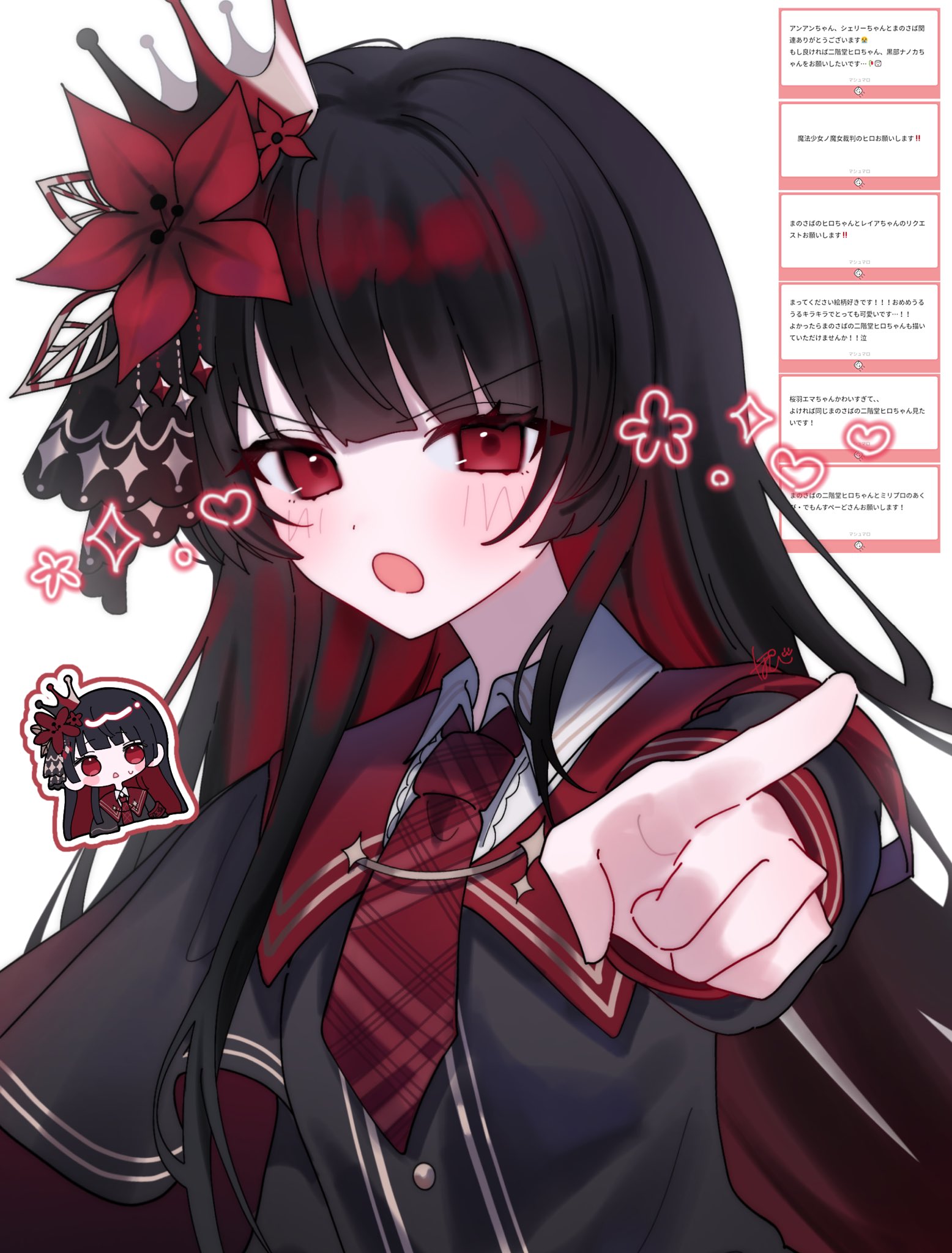 pote (pote 39), nikaidou hiro, mahou shoujo no majo saiban, commentary, highres, 1girl, :o, armband, black dress, black hair, chibi, crown, dress, flower, long hair, looking at viewer, marshmallow (site), multicolored hair, multiple views, necktie, pointing, pointing at viewer, red armband, red flower, red hair, red necktie, simple background, solo, two-tone hair, upper body, very long hair, white background