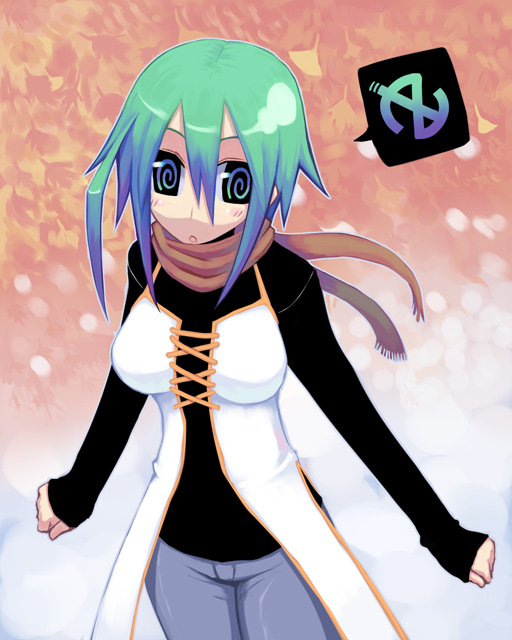 kurakumo nue, salami, salami (kurakumo nue), original, 1girl, :o, @ @, aqua hair, black sweater, blue hair, blurry, blurry background, blush, breasts, brown scarf, cowboy shot, denim, dress, elbow gloves, female focus, ginkgo leaf, gloves, gradient hair, green hair, hair between eyes, jeans, leaf, long sleeves, looking at viewer, medium breasts, multicolored hair, open mouth, pants, scarf, shoes, solo, speech bubble, standing, sweater, white dress