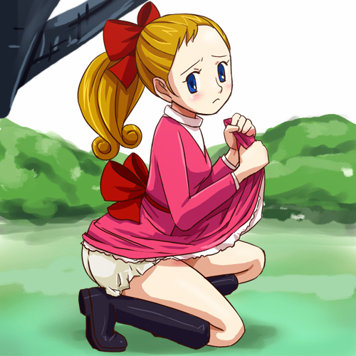 haruyama kazunori, nell (sasurai no shoujo nell), sasurai no shoujo nell, lowres, 1970s (style), bloomers, clothes lift, oldschool, ponytail, retro artstyle, skirt, skirt lift, solo, underwear, white bloomers