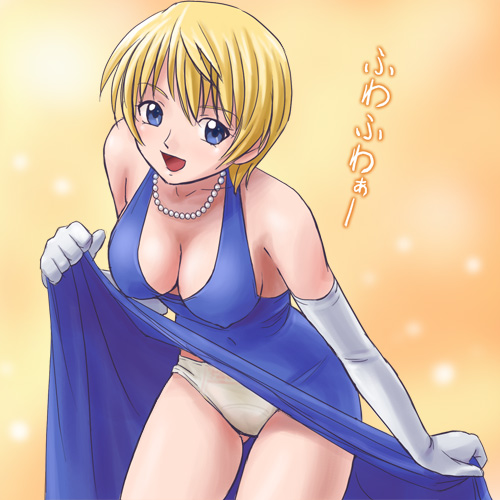 haruyama kazunori, sophie balzac kirisaki, yakitate!! japan, lowres, 00s, 1girl, blonde hair, blue eyes, breasts, cleavage, clothes lift, covered erect nipples, covered navel, dress, dress lift, elbow gloves, female focus, gloves, jewelry, large breasts, necklace, panties, pantyshot, pussy, see-through clothes, short hair, solo, underwear, white panties