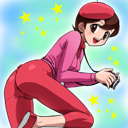 haruyama kazunori, mizushima kaoru, super jetter, lowres, 1960s (style), ass, bent over, beret, cameltoe, camera, hat, oldschool, retro artstyle, solo