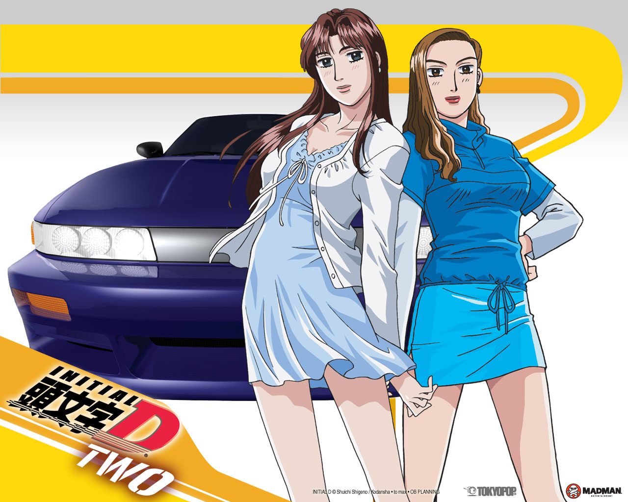 sayuki, satou mako, sayuki (initial d), initial d, nissan, light brown hair, official art, 2girls, bare legs, blue eyes, blush, brown eyes, brown hair, buttons, casual, dress, earrings, feet, front-tie top, hair intakes, hair over shoulder, holding hands, jewelry, legs, lips, long hair, long sleeves, looking at viewer, miniskirt, multiple girls, nissan sileighty, no socks, open clothes, open shirt, parted bangs, pencil skirt, sandals, shadow, shirt, shoes, short dress, side slit, sidelocks, simple background, skirt, sneakers, standing, swept bangs, toes, turtleneck, unbuttoned, wavy hair, white background