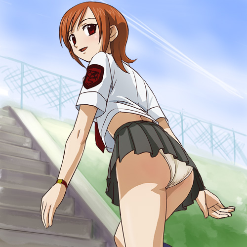 haruyama kazunori, nakamura ayamo, stratos 4, lowres, 00s, 1girl, ass, brown hair, chain-link fence, cloud, cowboy shot, day, female focus, fence, looking at viewer, looking back, microskirt, midriff peek, outdoors, panties, pantyshot, pleated skirt, red eyes, school uniform, shirt, short sleeves, skirt, sky, solo, stairs, standing, underwear, walking, white panties, white shirt