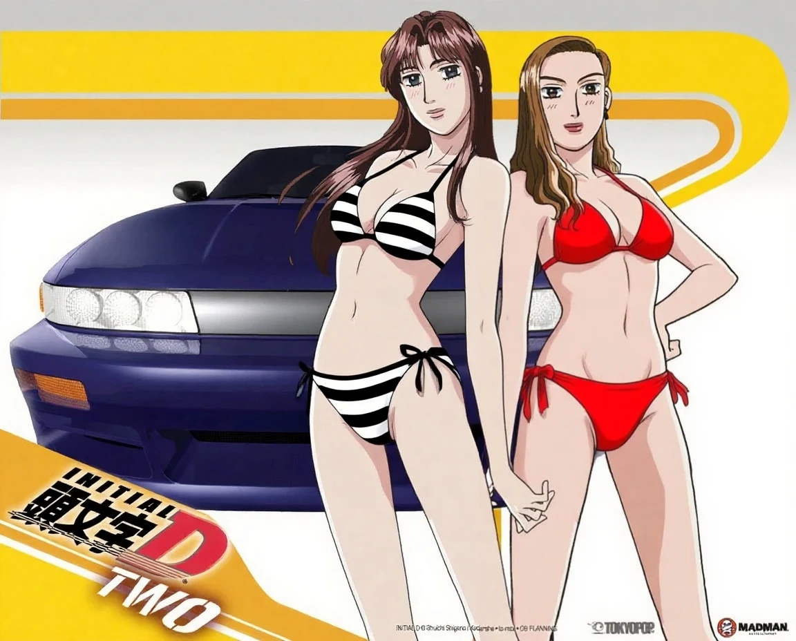 sayuki, satou mako, sayuki (initial d), initial d, nissan, 2girls, arm behind head, arm up, armpits, bad anatomy, bikini, black bikini, black eyes, breasts, cleavage, copyright name, cowboy shot, day, forest, grey hair, highleg, highleg bikini, jewelry, lips, lipstick, long hair, looking at viewer, makeup, medium breasts, multiple girls, nature, navel, necklace, nissan sileighty, outdoors, parted bangs, red bikini, red lips, sil-eighty, smile, striped bikini, striped clothes, swimsuit, vehicle focus, vertical-striped bikini, vertical-striped clothes, white bikini