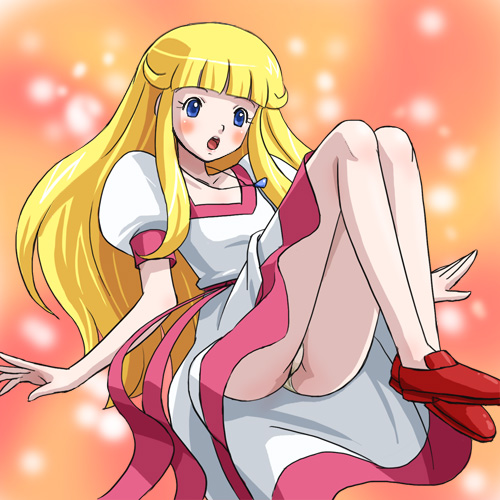 haruyama kazunori, nina (paul no miracle daisakusen), paul no miracle daisakusen, lowres, 1girl, blonde hair, blue eyes, blush, female focus, legs together, legs up, panties, pantyshot, solo, underwear