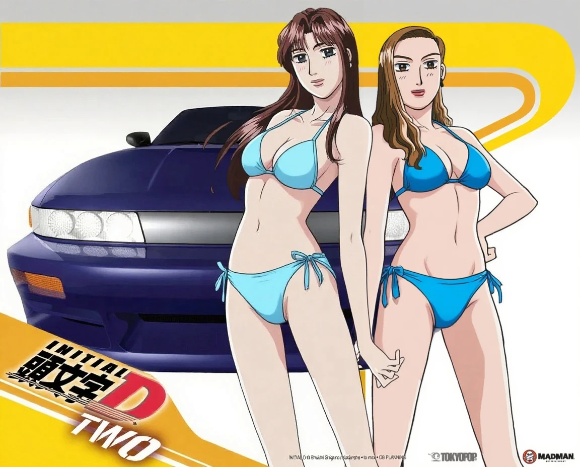 satou mako, sayuki (initial d), initial d, nissan, absurdres, highres, 2girls, arm on waist, belly, bikini, blonde hair, blue bikini, bra, breasts, brown eyes, brown hair, car, cleavage, crossed arms, hand on own hip, hand on own waist, large breasts, lipstick, long hair, looking at viewer, makeup, medium breasts, midriff, motor vehicle, multiple girls, navel, nissan sileighty, panties, public indecency, solo, standing, stomach, swimsuit, underwear, vehicle focus