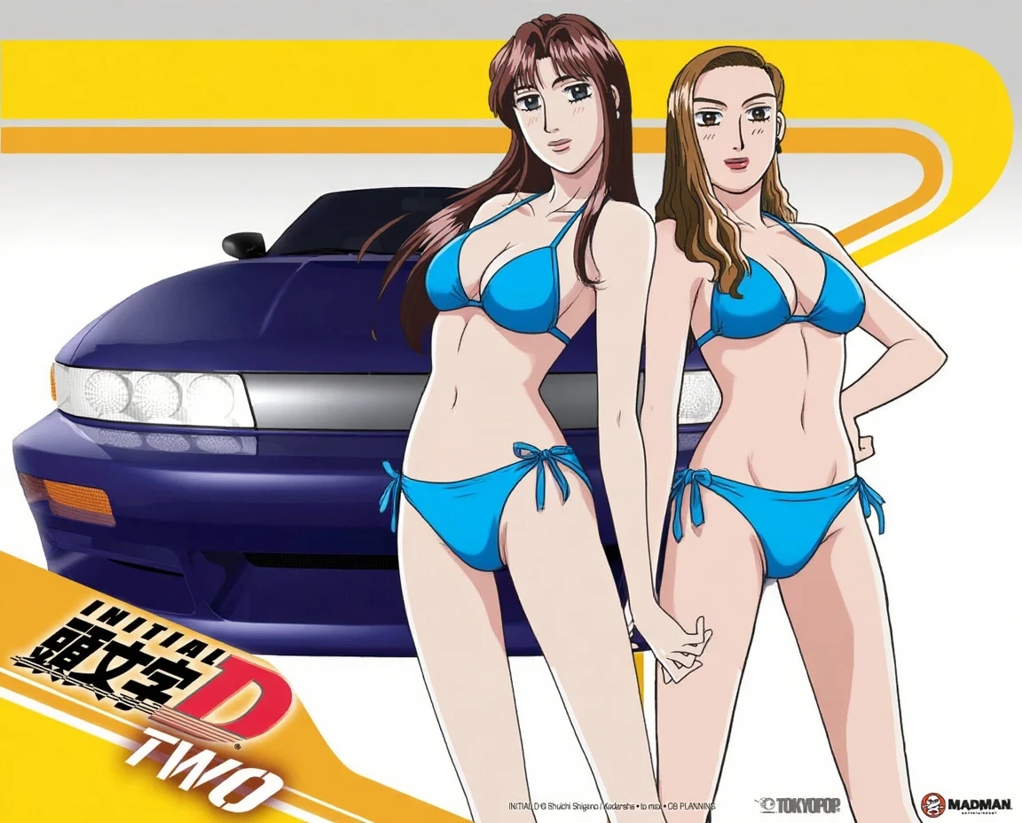 satou mako, sayuki (initial d), initial d, nissan, absurdres, highres, 2girls, arm on waist, belly, bikini, blonde hair, blue bikini, bra, breasts, brown eyes, brown hair, car, cleavage, crossed arms, hand on own hip, hand on own waist, large breasts, lipstick, long hair, looking at viewer, makeup, medium breasts, midriff, motor vehicle, multiple girls, navel, nissan sileighty, panties, public indecency, solo, standing, stomach, swimsuit, underwear, vehicle focus