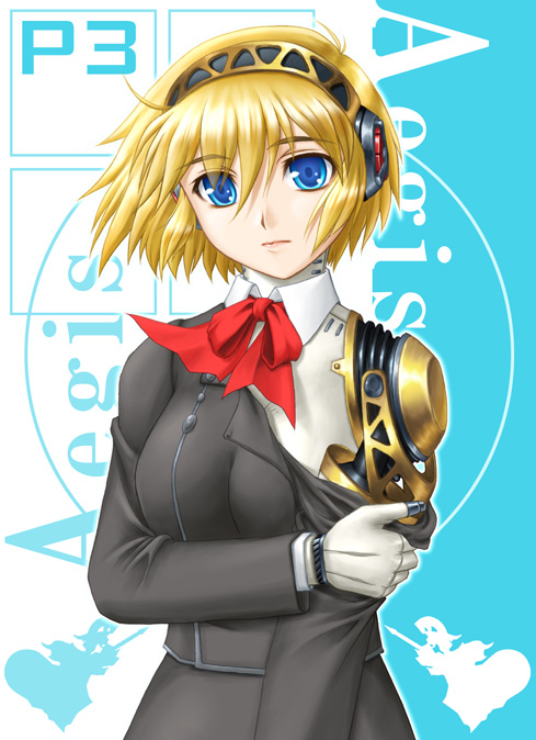 amane (funfun), aigis (persona), atlus, persona, persona 3, android, blonde hair, blue eyes, short hair, solo