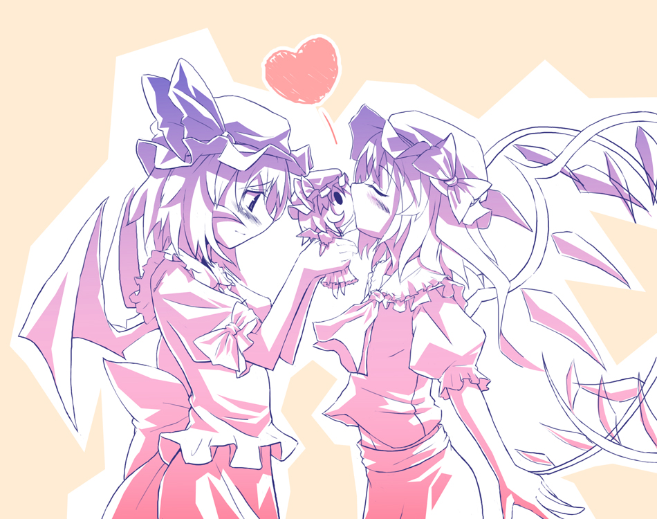 takahero, flandre scarlet, remilia scarlet, touhou, 2girls, bat wings, character doll, doll, female focus, from side, hat, heart, kiss, mob cap, multiple girls, object kiss, profile, siblings, sisters, wings, yuri