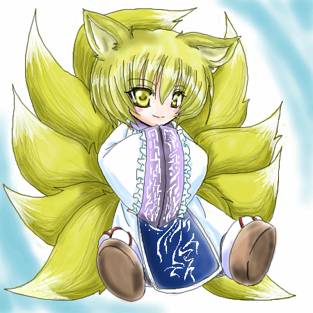 yakumo ran, touhou, lowres, 1girl, animal ears, blonde hair, chibi, female focus, fox ears, fox tail, hands in opposite sleeves, long sleeves, multiple tails, no headwear, okobo, platform sandals, sandals, short hair, socks, solo, tabard, tail, wide sleeves