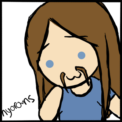 toki wartooth, dethklok, metalocalypse, lowres, 1boy, :3, blue eyes, brown hair, facial hair, male focus, mustache, nyoro~n, parody, solo