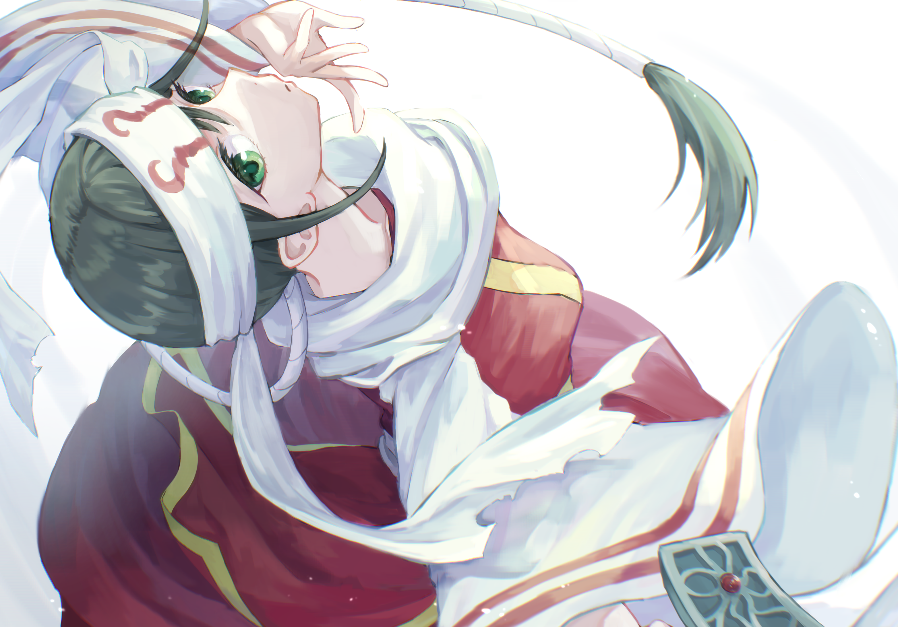 plumshk, kyoukai (kingdom), kingdom (series), commentary request, highres, 1girl, black hair, green eyes, headband, holding, holding sword, holding weapon, long hair, long sleeves, sidelocks, simple background, solo, sword, very long hair, weapon, white background, white headband, wide sleeves