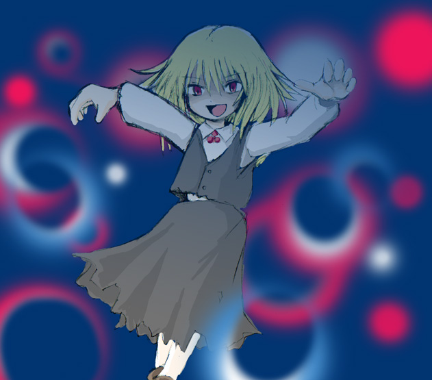 ex-rumia, rumia, embodiment of scarlet devil, touhou, 1girl, blonde hair, female focus, necktie, outstretched arms, red eyes, short hair, solo, spread arms