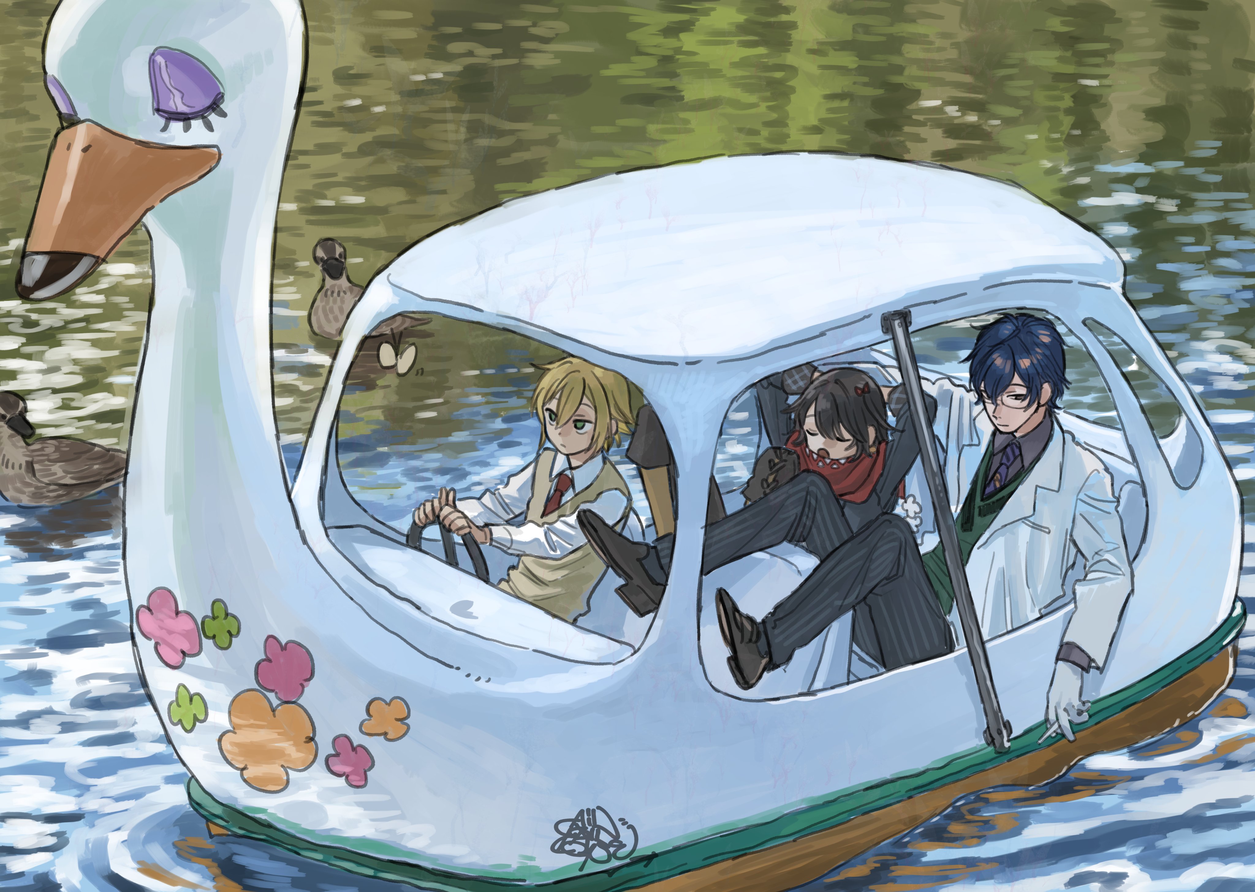 koze niire, leos vincent, leos vincent (1st costume), mashiro meme, mashiro meme (1st costume), uzuki kou, uzuki kou (3rd costume), nijisanji, absurdres, highres, 3boys, bird, black hair, black pants, blonde hair, blue hair, cigarette, collared shirt, duck, glasses, gloves, holding, holding cigarette, loafers, male focus, multiple boys, necktie, outdoors, pants, pinstripe pattern, red necktie, red scarf, scarf, shirt, shoes, short hair, sitting, vest, virtual youtuber, white gloves, white shirt