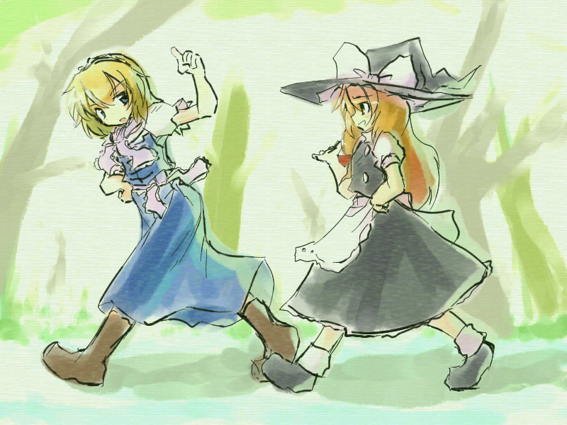 neki-t, alice margatroid, kirisame marisa, touhou, brown footwear, md5 mismatch, 2girls, :d, apron, blonde hair, boots, braid, female focus, full body, hat, knee boots, long hair, multiple girls, open mouth, outdoors, plant, puffy short sleeves, puffy sleeves, short hair, short sleeves, single braid, smile, tree, waist apron, walking, witch hat