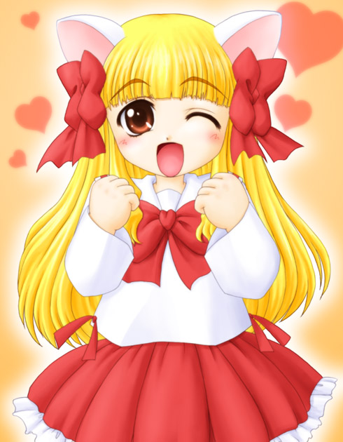 amane (funfun), funfun, uematsu koboshi, pita ten, animal ears, blonde hair, long hair, one eye closed, ribbon, solo, wink