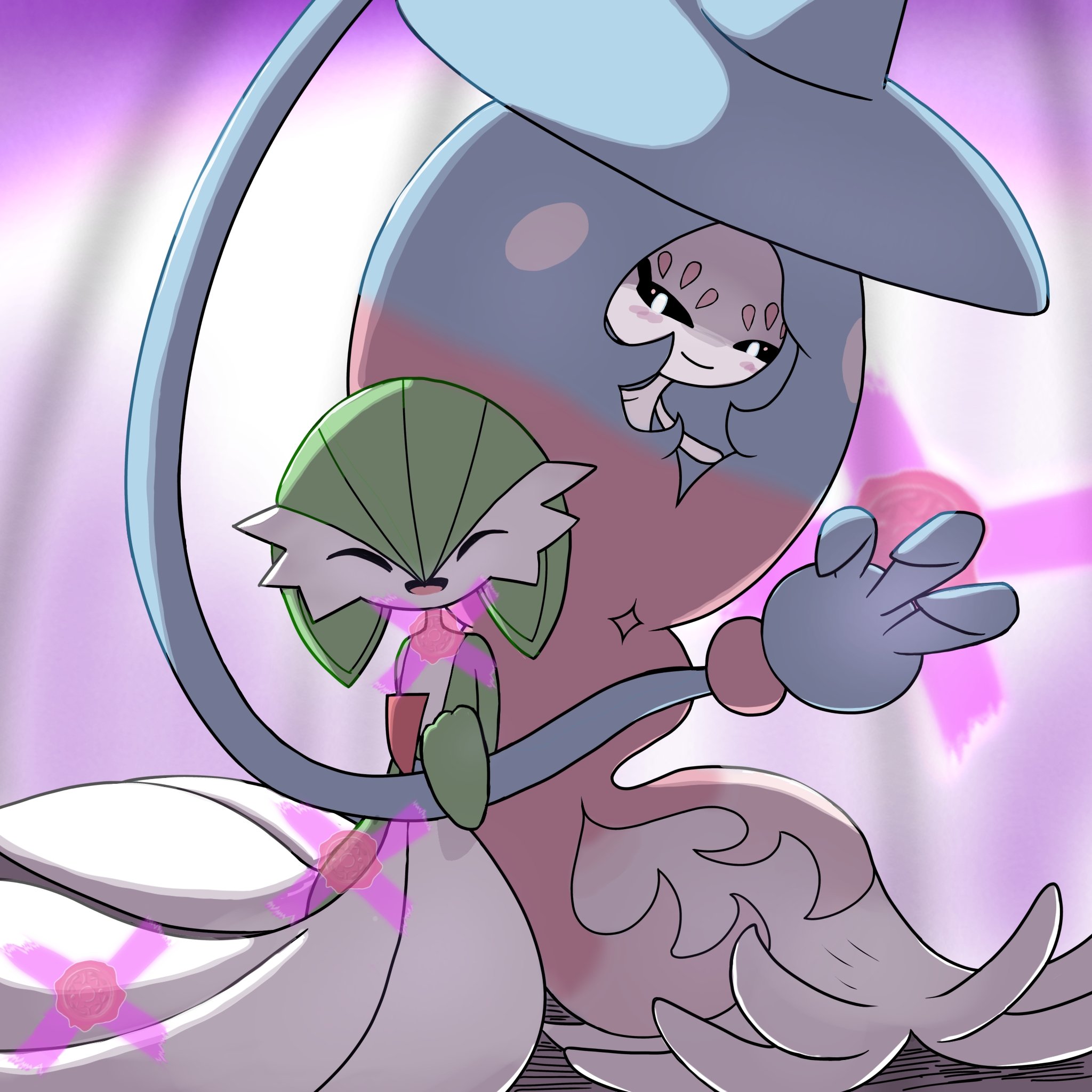 monya, gardevoir, hatterene, nintendo, pokemon, highres, black sclera, blue hair, bob cut, closed eyes, colored sclera, colored skin, dress, gen 3 pokemon, gen 8 pokemon, green hair, green skin, multicolored skin, pokemon (creature), prehensile hair, smile, two-tone skin, white dress, white skin