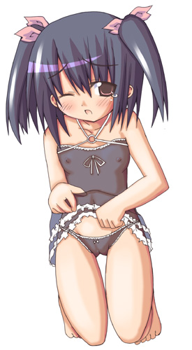 yuuno (artist), yuuno takanari, yuzuhara konomi, to heart (series), to heart 2, lowres, 00s, 1girl, brown eyes, clothes lift, clothes pull, female focus, flat chest, kneeling, lingerie, loli, one eye closed, panties, shirt lift, shirt pull, solo, underwear, wink