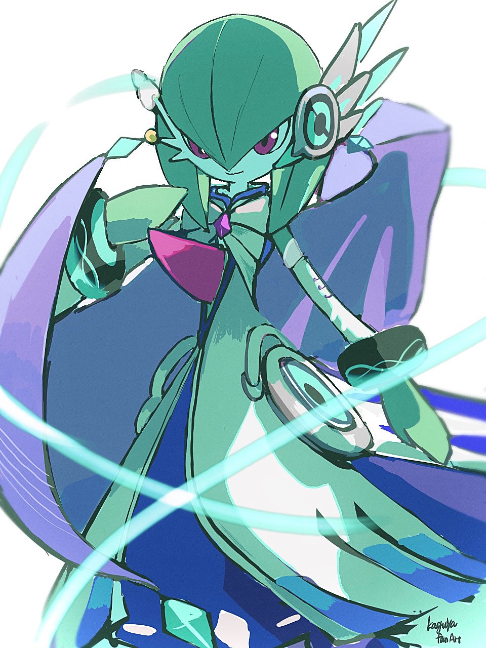 kaguya hobby, gardevoir, gardevoir (songstress), nintendo, pokemon, pokemon unite, highres, 1girl, artist name, bob cut, colored skin, detached sleeves, dress, gen 3 pokemon, green hair, green skin, multicolored skin, pink eyes, pokemon (creature), simple background, smile, two-tone skin, white background, white dress, white skin