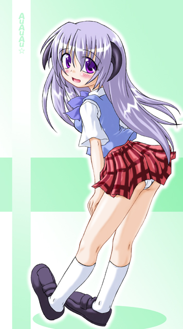 hanyuu, higurashi no naku koro ni, 00s, panties, pantyshot, purple hair, school uniform, serafuku, underwear