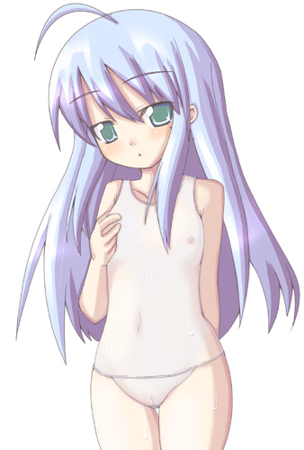 yuuno (artist), yuuno takanari, izumi konata, lucky star, lowres, 00s, 1girl, blue hair, female focus, flat chest, green eyes, loli, long hair, mole, mole under eye, nipples, one-piece swimsuit, school swimsuit, see-through clothes, solo, standing, swimsuit, white one-piece swimsuit, white school swimsuit