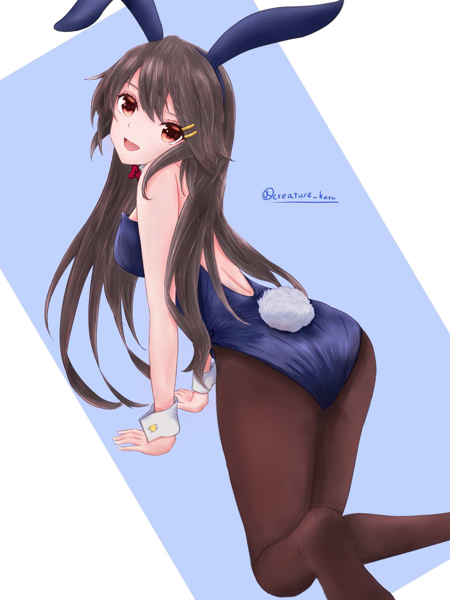 nekojita kavu, haruna (kancolle), kantai collection, highres, 1girl, animal ears, ass, bare shoulders, black hair, blue leotard, blush, bow, bowtie, breasts, brown eyes, brown pantyhose, fake animal ears, hair ornament, hairband, hairclip, leotard, long hair, looking at viewer, medium breasts, open mouth, pantyhose, playboy bunny, rabbit ears, rabbit tail, smile, solo, strapless, strapless leotard, tail, traditional bowtie, twitter username, white background