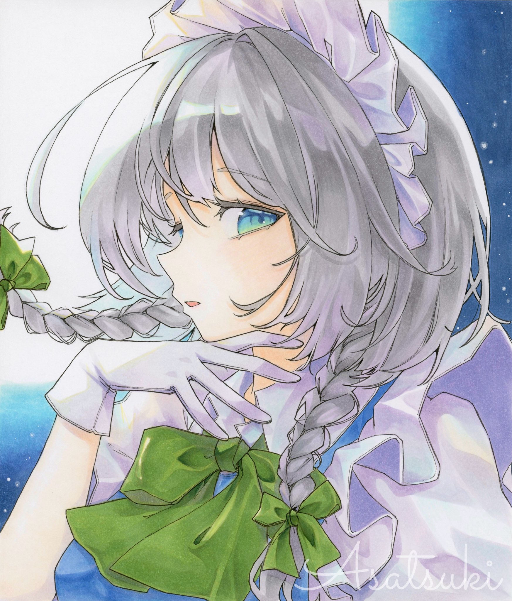 asatsuki no e, izayoi sakuya, touhou, commentary, highres, marker (medium), traditional media, 1girl, artist name, blue eyes, bow, bowtie, braided sidelocks, frilled hairband, frills, gloves, green bow, green bowtie, hairband, huge moon, looking at viewer, maid, maid headdress, moon, night, night sky, parted lips, profile, sky, solo, star (sky), starry sky, upper body, white gloves, white hair