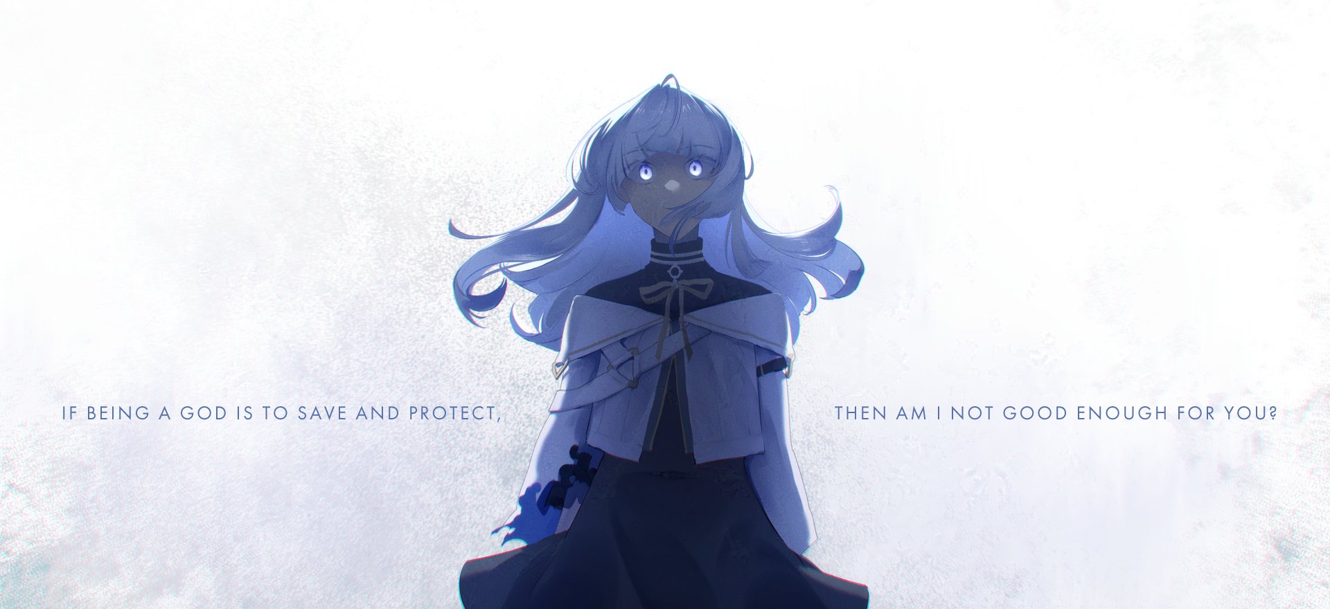 insight (designant) (arcaea), arcaea, highres, 1girl, aurilyus124, backlighting, black dress, black gloves, bow, collared shirt, cowboy shot, dress, dress shirt, earrings, english text, floating hair, gloves, glowing, glowing eyes, hair between eyes, insight (arcaea), jacket, jewelry, long sleeves, off shoulder, open clothes, open jacket, pantyhose, purple eyes, ribbon, shirt, simple background, solo, thigh strap, torn clothes, white background, white hair, white shirt, yellow bow, yellow ribbon