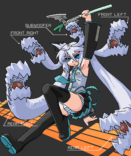 mof, hatsune miku, mof's silver haired twintailed girl, original, vocaloid, silver hair, lowres, 1girl, blue eyes, bow, cosplay, female focus, hair bow, hatsune miku (cosplay), living hair, long hair, necktie, oekaki, panties, solo, striped clothes, striped panties, thighhighs, twintails, underwear, very long hair, weapon