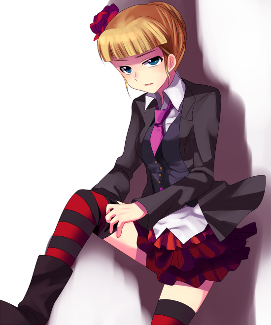 subaru (yachika), beatrice (umineko), umineko no naku koro ni, 00s, 1girl, blazer, blonde hair, blue eyes, boots, female focus, hair ornament, hair up, jacket, necktie, pink necktie, skirt, solo, striped clothes, striped thighhighs, thighhighs, vest