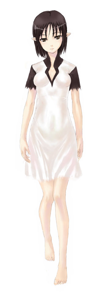 kirisato itsuki, yorda, ico, 1girl, barefoot, black eyes, black hair, dress, female focus, pointy ears, solo