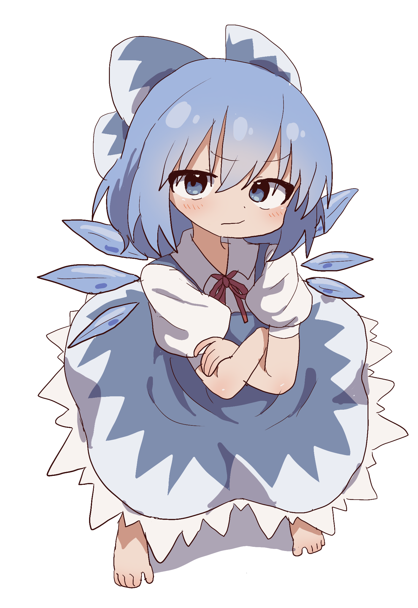 magg (user mtca8588), cirno, touhou, commentary, highres, 1girl, barefoot, blue bow, blue dress, blue eyes, blue hair, bow, dress, feet, full body, hair bow, ice, ice wings, looking at viewer, puffy short sleeves, puffy sleeves, short sleeves, simple background, solo, standing, toes, white background, wings