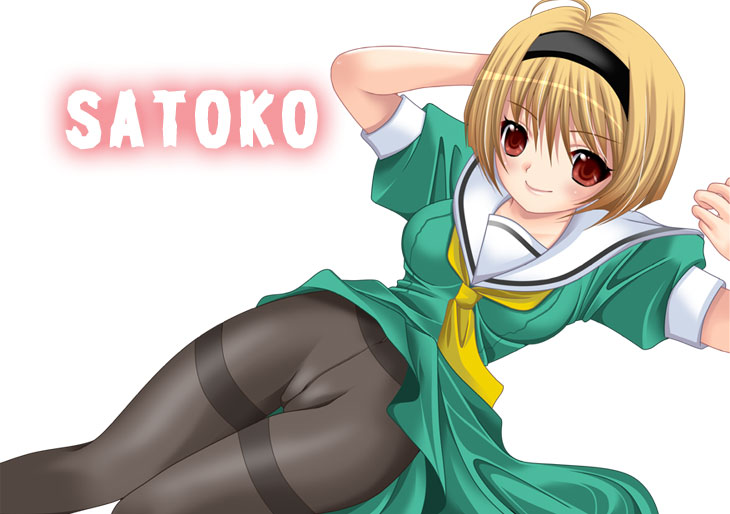 houjou satoko, higurashi no naku koro ni, artist request, 00s, 1girl, blonde hair, cameltoe, clothes lift, dress, dress lift, female focus, hairband, no panties, pantyhose, red eyes, short hair, solo, thighband pantyhose