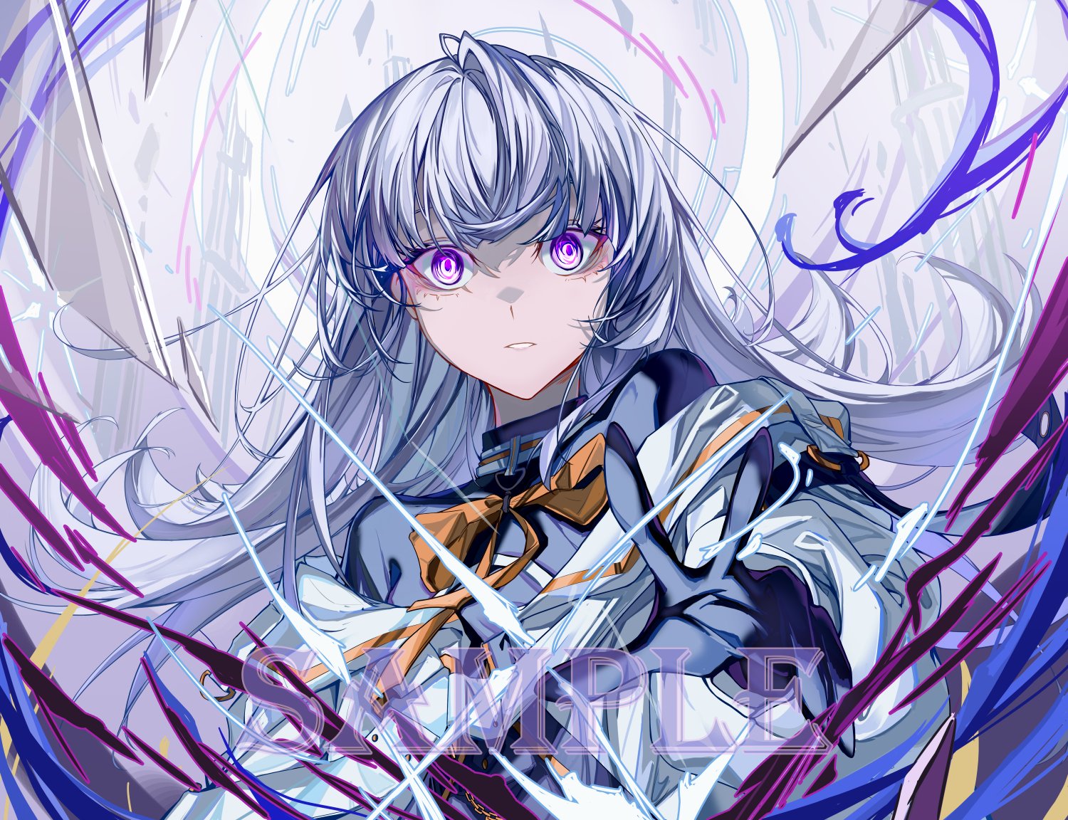 yuko (user uuju2584), insight (designant) (arcaea), arcaea, 1girl, black dress, black gloves, bow, collared shirt, cowboy shot, dress, dress shirt, earrings, english text, floating hair, gloves, glowing, glowing eyes, hair between eyes, insight (arcaea), jacket, jewelry, long sleeves, off shoulder, open clothes, open jacket, pantyhose, purple eyes, reaching, reaching towards viewer, ribbon, shirt, solo, torn clothes, upper body, white hair, white shirt, yellow bow, yellow ribbon