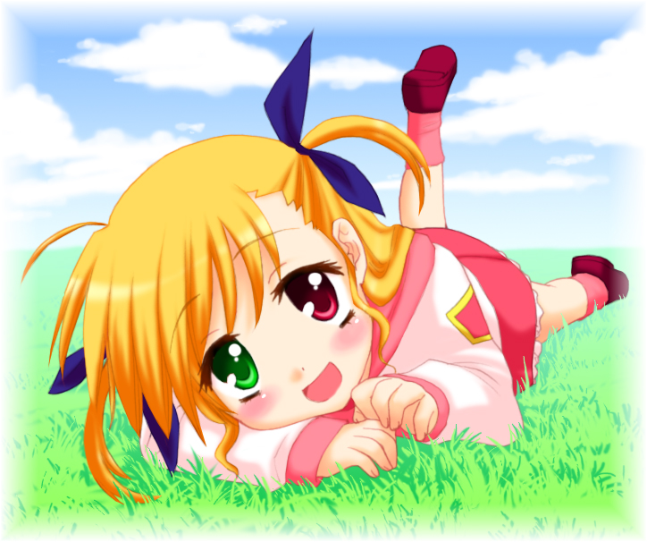 saki chisuzu, vivio, lyrical nanoha, mahou shoujo lyrical nanoha, mahou shoujo lyrical nanoha strikers, 00s, 1girl, :d, blonde hair, dress, female focus, field, grass, hair ribbon, heterochromia, long sleeves, looking at viewer, lying, on stomach, open mouth, pink dress, plant, ribbon, shoes, short hair, smile, solo