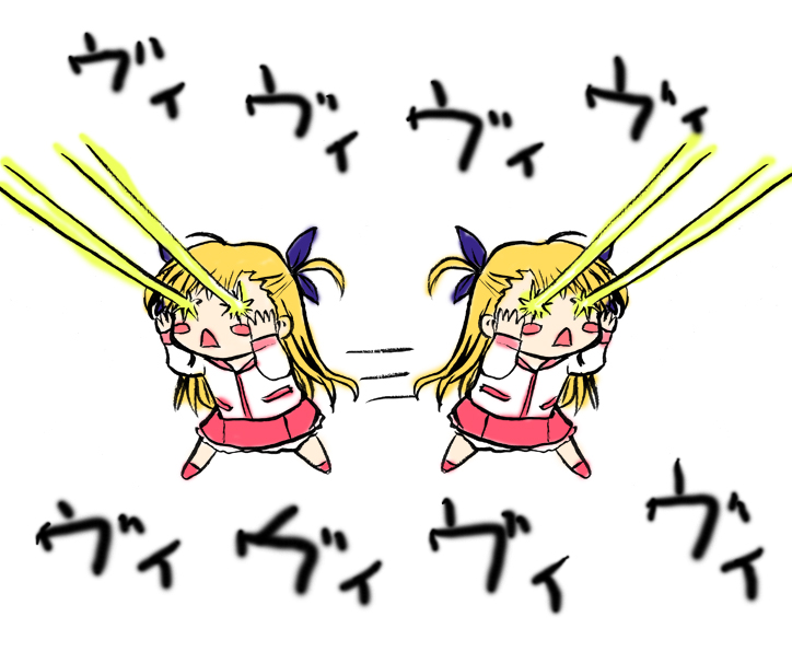 saki chisuzu, vivio, lyrical nanoha, mahou shoujo lyrical nanoha, mahou shoujo lyrical nanoha strikers, 00s, 1girl, blonde hair, chibi, eye beam, glowing, glowing eyes, long sleeves, red skirt, simple background, skirt, white background, yellow eyes