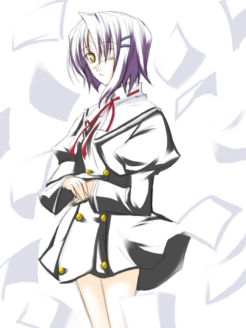 ribi, shindou chihiro, ef (visual novel), 00s, 1girl, black dress, dress, eyepatch, female focus, hair ornament, hairclip, long sleeves, purple hair, school uniform, serafuku, short hair, solo, standing, yellow eyes