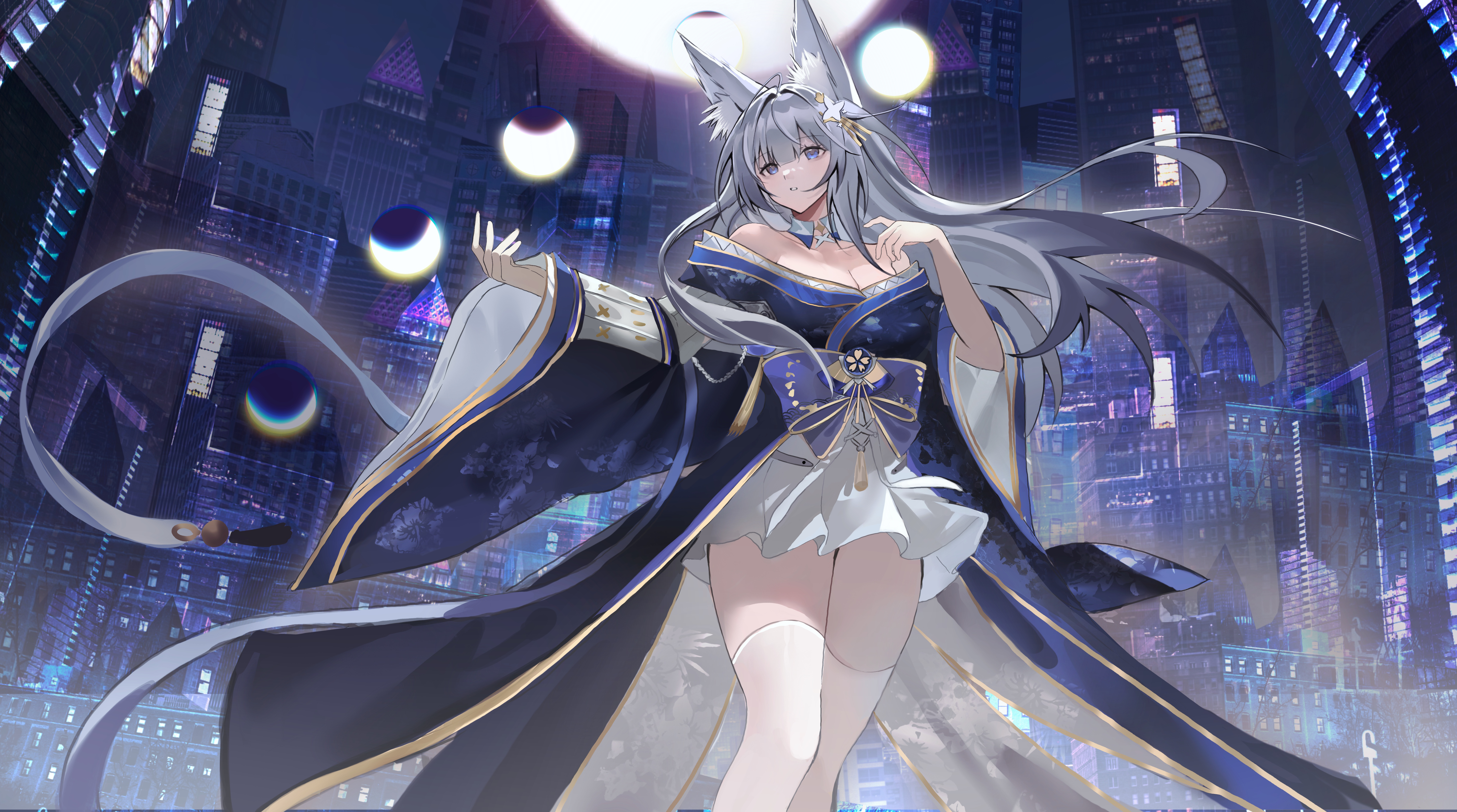 komuer, shinano (azur lane), azur lane, absurdres, commentary request, highres, 1girl, animal ear fluff, animal ears, bare shoulders, blue collar, blue eyes, blue kimono, breasts, cityscape, cleavage, collar, feet out of frame, floral print, fox ears, fox girl, gold trim, grey hair, japanese clothes, kimono, kitsune, large breasts, long sleeves, looking at viewer, moon phases, night, outdoors, skirt under kimono, solo, thighhighs, white thighhighs, wide sleeves, zettai ryouiki