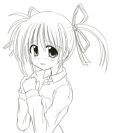 mugityax, takamachi nanoha, lyrical nanoha, mahou shoujo lyrical nanoha, lowres, 00s, 1girl, blush, female focus, greyscale, hair ribbon, long sleeves, monochrome, own hands together, ribbon, simple background, solo, tareme, twintails, upper body, white background