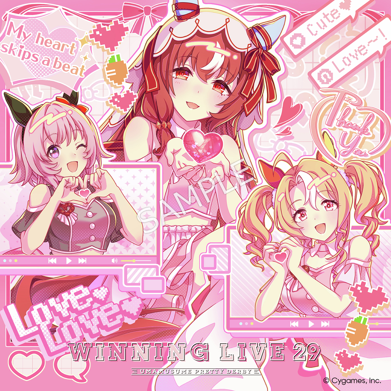 curren chan (umamusume), fusaichi pandora (umamusume), still in love (umamusume), cygames, umamusume, commentary request, highres, official art, 3girls, :d, album cover, animal ears, bare shoulders, blonde hair, brown hair, company name, copyright name, copyright notice, cover, english text, heart, heart hands, horse ears, horse girl, long hair, looking at viewer, multiple girls, open mouth, pink eyes, pink hair, pink theme, red eyes, short hair, short twintails, smile, twintails, veil, white veil