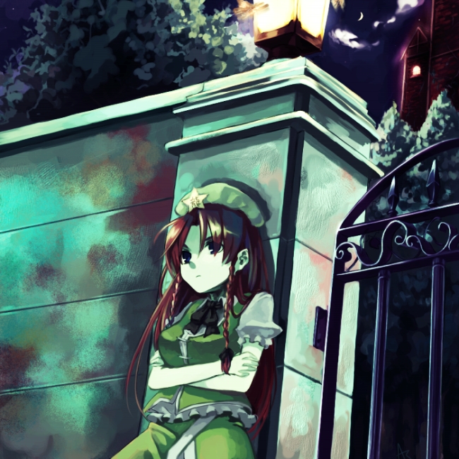 takishima asaka, hong meiling, embodiment of scarlet devil, touhou, 1girl, against wall, braid, chinese clothes, crossed arms, female focus, gate, hat, lantern, long hair, looking afar, night, red hair, ribbon, solo, twin braids