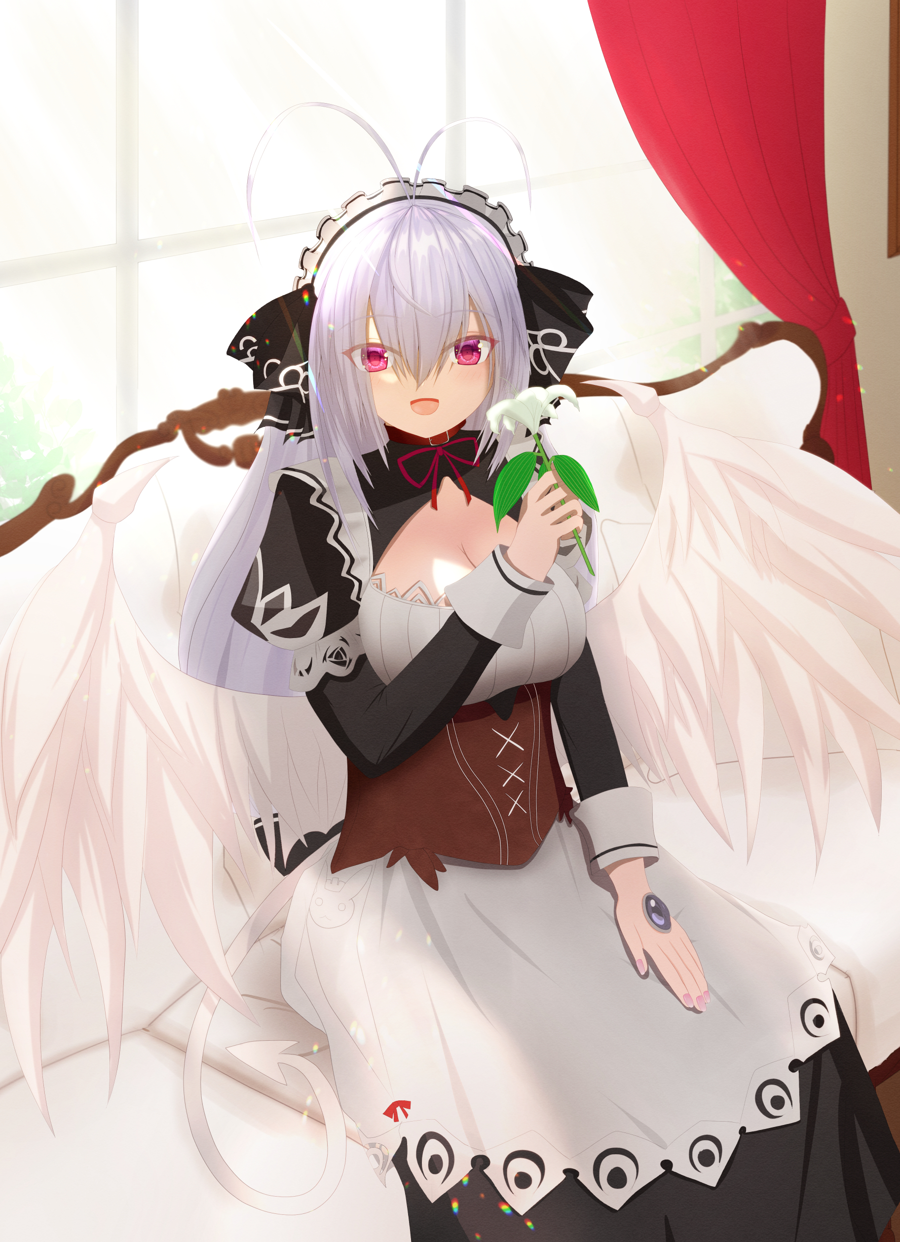 mitama kyrie, emil chronicle online, absurdres, highres, 1girl, antenna hair, black dress, black ribbon, breasts, brown corset, cleavage cutout, clothing cutout, corset, couch, dress, flower, hair ribbon, holding, holding flower, indoors, large breasts, long hair, looking at viewer, maid, maid headdress, on couch, open mouth, red eyes, ribbon, solo, todo46, white dress, white tail, white wings, wings