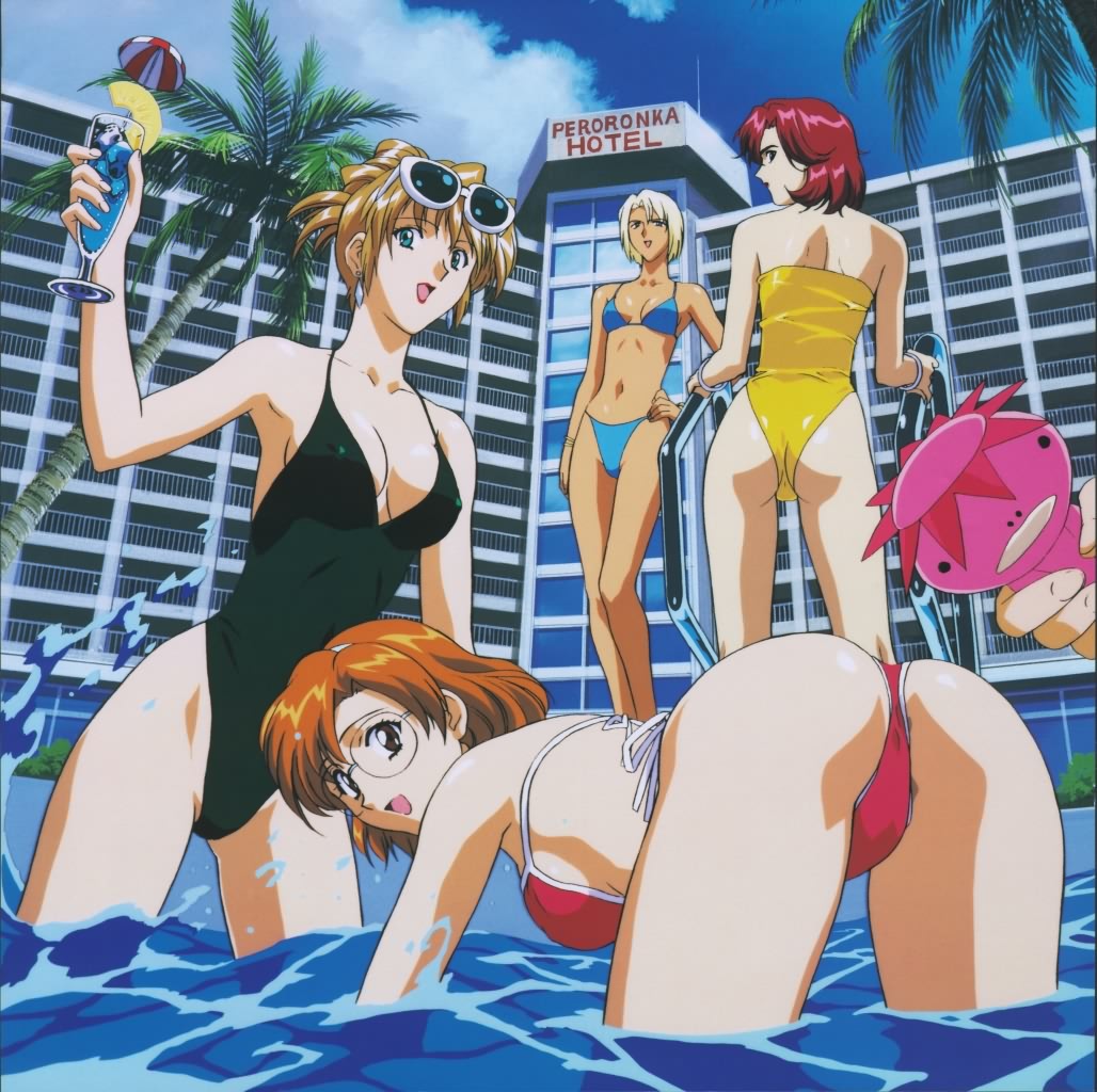 yamauchi noriyasu, aida rion, bianca (agent aika), blue delmo, delmo, golden delmo, sumeragi aika, valerie (agent aika), agent aika, aika (series), highleg swimsuit, 1990s (style), 4girls, armpits, ass, bent over, bikini, black one-piece swimsuit, blonde hair, blouse, blue bikini, bottomless, breasts, brown eyes, brown hair, champagne flute, cleavage, cloud, cocktail umbrella, covered erect nipples, cup, day, drinking glass, eyewear on head, food, fruit, glasses, green eyes, halterneck, hand on own hip, highleg, hotel, long hair, looking at viewer, medium breasts, multiple girls, one-piece swimsuit, orange hair, outdoors, palm tree, pool, pool ladder, poolside, red bikini, red hair, retro artstyle, shirt, short hair, side-tie bikini bottom, strapless, sunglasses, swimsuit, tan, thighs, tree, wading, water, white hair, white shirt, yellow one-piece swimsuit