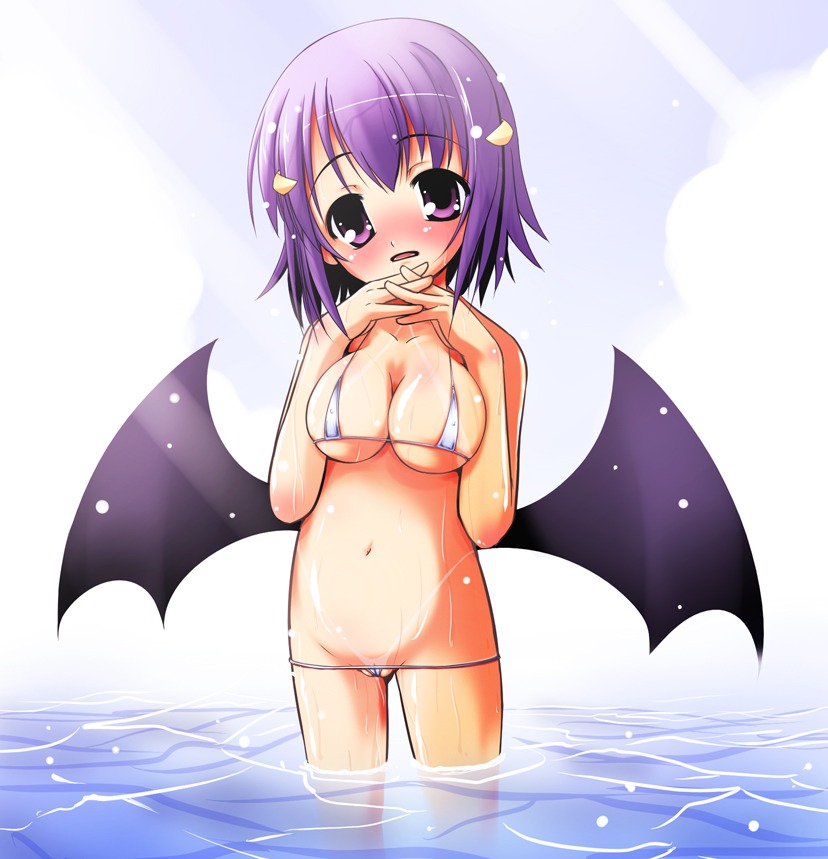 akayoshi hajime, original, 1girl, bikini, breasts, demon girl, female focus, horns, huge breasts, lowleg, lowleg bikini, micro bikini, navel, ocean, purple eyes, purple hair, pussy, short hair, solo, swimsuit, white bikini, wings