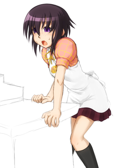 caryo, takeda yukimura, kawazoe tamaki, bamboo blade, 00s, 1girl, :o, apron, black hair, black socks, blush, clothed masturbation, crotch rub, female focus, female masturbation, kneehighs, masturbation, open mouth, pleated skirt, purple eyes, short hair, skirt, socks, solo, sweat, table, table humping